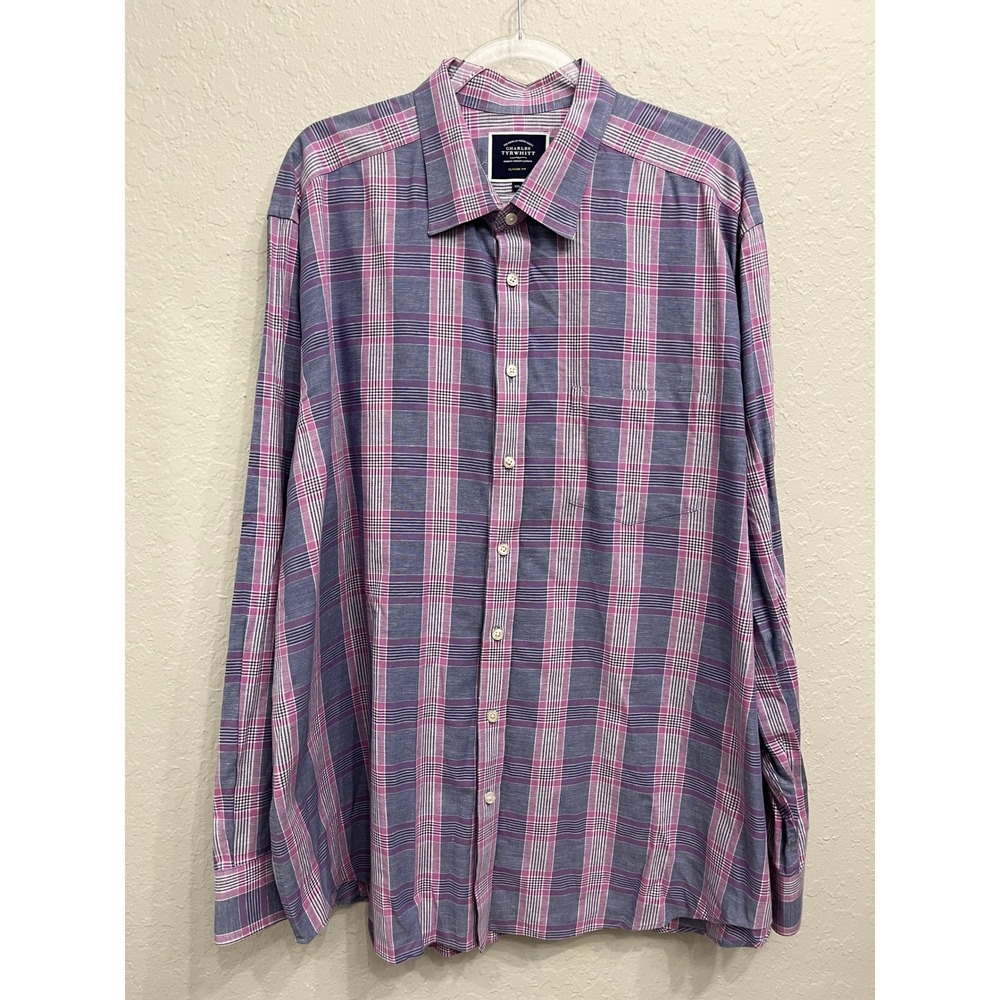 Charles Tyrwhitt Button Down Shirt XXL Purple Plaid Cotton Linen Classic Fit